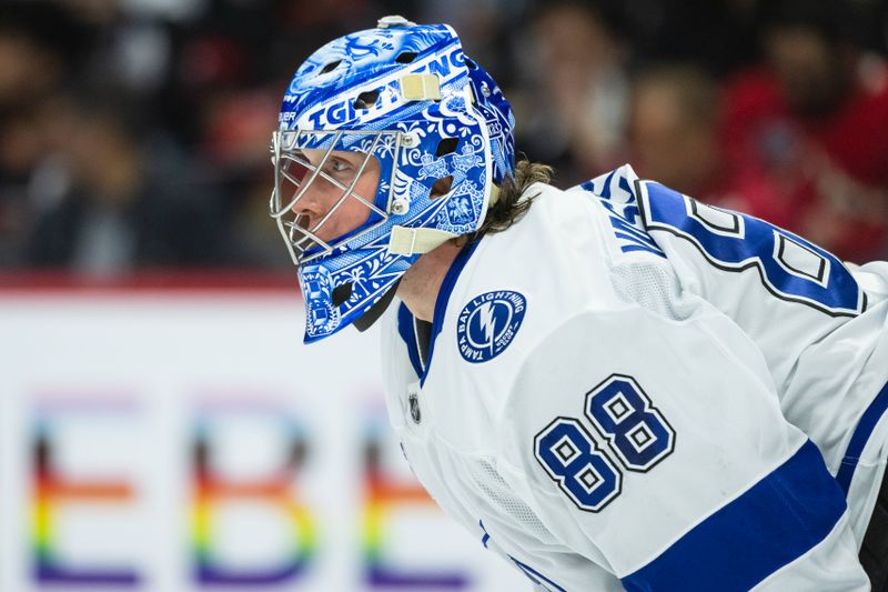 Apr 3, 2025; Ottawa, Ontario, CAN; Tampa Bay Lightning goalie Andrei Vasilevskiy (88) skates in the first period against the Ottawa Senators at the Canadian Tire Centre. Mandatory Credit: Marc DesRosiers-Imagn Images