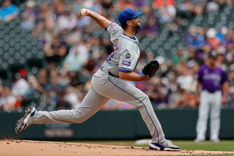 Aug 8, 2024; Denver, Colorado, USA; New York Mets starting pitcher David Peterson (23) pitches in the first inning against the Colorado Rockies at Coors Field. Mandatory Credit: Isaiah J. Downing-USA TODAY Sports