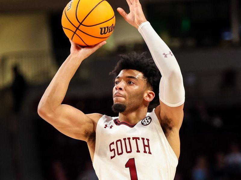 Jan 31, 2023; Columbia, South Carolina, USA; South Carolina Gamecocks guard Jacobi Wright (1) shoots against the Mississippi State Bulldogs in the first half at Colonial Life Arena. Mandatory Credit: Jeff Blake-USA TODAY Sports