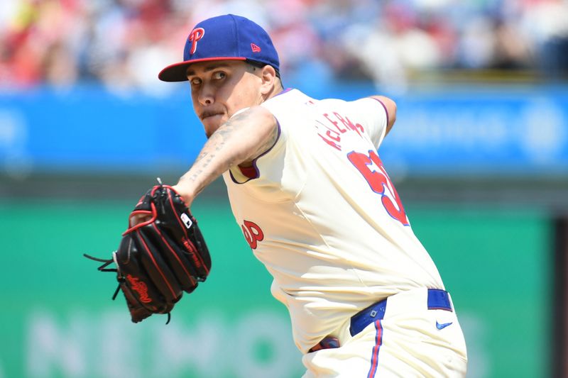 Jul 14, 2024; Philadelphia, Pennsylvania, USA; Philadelphia Phillies pitcher Orion Kerkering (50) throws a pitch against the Oakland Athletics during the first inning at Citizens Bank Park. Mandatory Credit: Eric Hartline-USA TODAY Sports