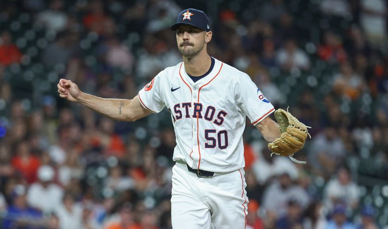 Apr 3, 2024; Houston, Texas, USA; Houston Astros relief pitcher Tayler Scott (50) reacts after getting an out during the eighth inning against the Toronto Blue Jays at Minute Maid Park. Mandatory Credit: Troy Taormina-USA TODAY Sports