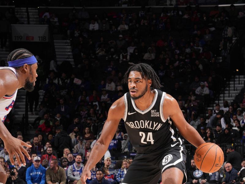 PHILADELPHIA, PA - OCTOBER 16: Cam Thomas #24 of the Brooklyn Nets dribbles the ball during the game against the Philadelphia 76ers during a NBA preseason game on October 16, 2024 at the Wells Fargo Center in Philadelphia, Pennsylvania NOTE TO USER: User expressly acknowledges and agrees that, by downloading and/or using this Photograph, user is consenting to the terms and conditions of the Getty Images License Agreement. Mandatory Copyright Notice: Copyright 2024 NBAE (Photo by Jesse D. Garrabrant/NBAE via Getty Images)