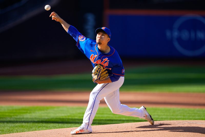 Sep 14, 2023; New York City, New York, USA; New York Mets pitcher Kodai Senga (34) delivers a pitch against the Arizona Diamondbacks during the first inning at Citi Field. Mandatory Credit: Gregory Fisher-USA TODAY Sports