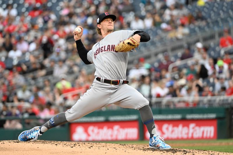 Apr 15, 2023; Washington, District of Columbia, USA; Cleveland Guardians starting pitcher Zach Plesac (34) throws to the Washington Nationals during the third inning at Nationals Park. Mandatory Credit: Brad Mills-USA TODAY Sports