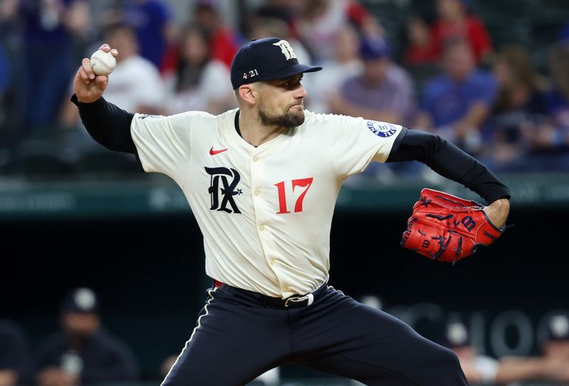 Apr 26, 2024; Arlington, Texas, USA;  Texas Rangers starting pitcher Nathan Eovaldi (17) throws during the first inning against the Cincinnati Reds at Globe Life Field. Mandatory Credit: Kevin Jairaj-USA TODAY Sports