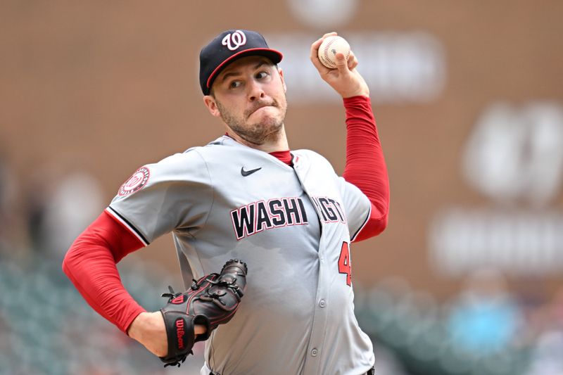 Jun 13, 2024; Detroit, Michigan, USA;  Washington Nationals starting pitcher Patrick Corbin (46) throws a pitch against the Detroit Tigers in the second inning at Comerica Park. Mandatory Credit: Lon Horwedel-USA TODAY Sports