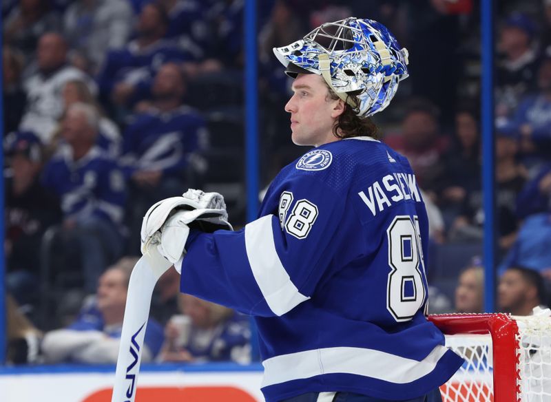 Jan 27, 2024; Tampa, Florida, USA; Tampa Bay Lightning goaltender Andrei Vasilevskiy (88) looks on against the New Jersey Devils during the second period at Amalie Arena. Mandatory Credit: Kim Klement Neitzel-USA TODAY Sports