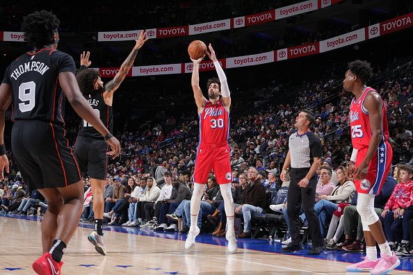 PHILADELPHIA, PA - DECEMBER 15: Furkan Korkmaz #30 of the Philadelphia 76ers shoots a three point basket against the Detroit Pistons on December 15, 2023 at the Wells Fargo Center in Philadelphia, Pennsylvania NOTE TO USER: User expressly acknowledges and agrees that, by downloading and/or using this Photograph, user is consenting to the terms and conditions of the Getty Images License Agreement. Mandatory Copyright Notice: Copyright 2023 NBAE (Photo by Jesse D. Garrabrant/NBAE via Getty Images)