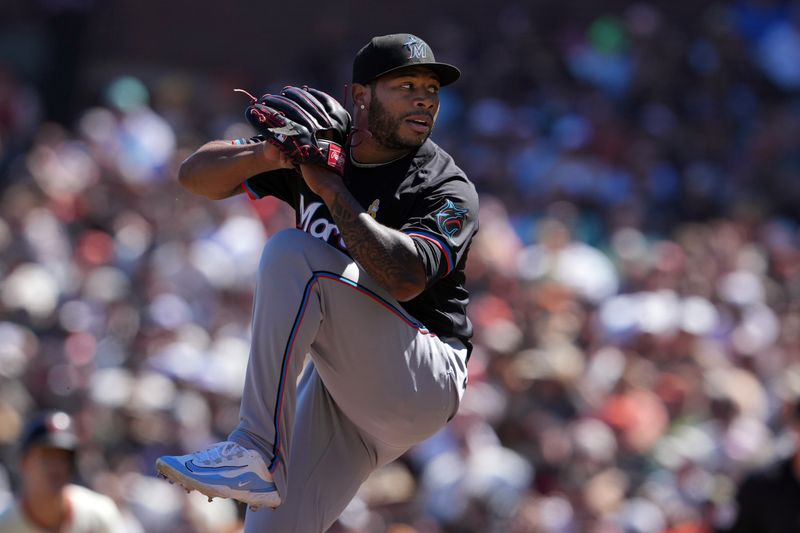 Sep 1, 2024; San Francisco, California, USA; Miami Marlins relief pitcher Xzavion Curry (49) throws a pitch against the San Francisco Giants during the fifth inning at Oracle Park. Mandatory Credit: Darren Yamashita-USA TODAY Sports