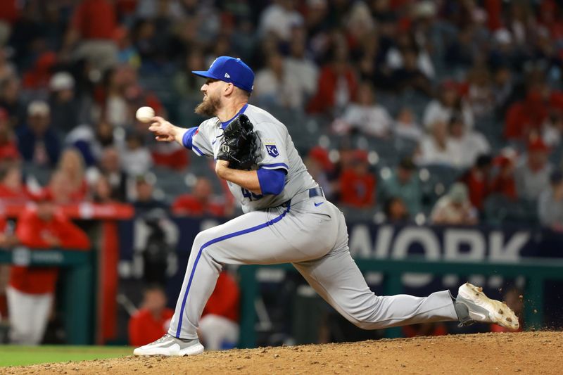 May 10, 2024; Anaheim, California, USA;  Kansas City Royals pitcher John Schreiber (46) pitches during the ninth inning against the Los Angeles Angels at Angel Stadium. Mandatory Credit: Kiyoshi Mio-USA TODAY Sports