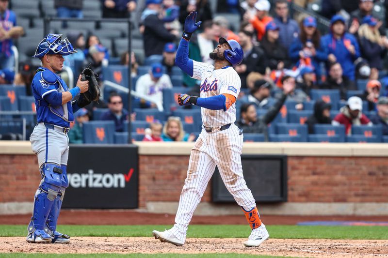 Apr 13, 2024; New York City, New York, USA;  New York Mets right fielder Starling Marte (6) reaches home plate after hitting a solo home run in the eighth inning against the Kansas City Royals at Citi Field. Mandatory Credit: Wendell Cruz-USA TODAY Sports