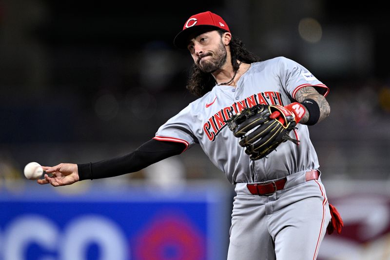 Apr 29, 2024; San Diego, California, USA; Cincinnati Reds second baseman Jonathan India (6) throws to first base on a ground out by San Diego Padres first baseman Jake Cronenworth (not pictured) during the sixth inning at Petco Park. Mandatory Credit: Orlando Ramirez-USA TODAY Sports