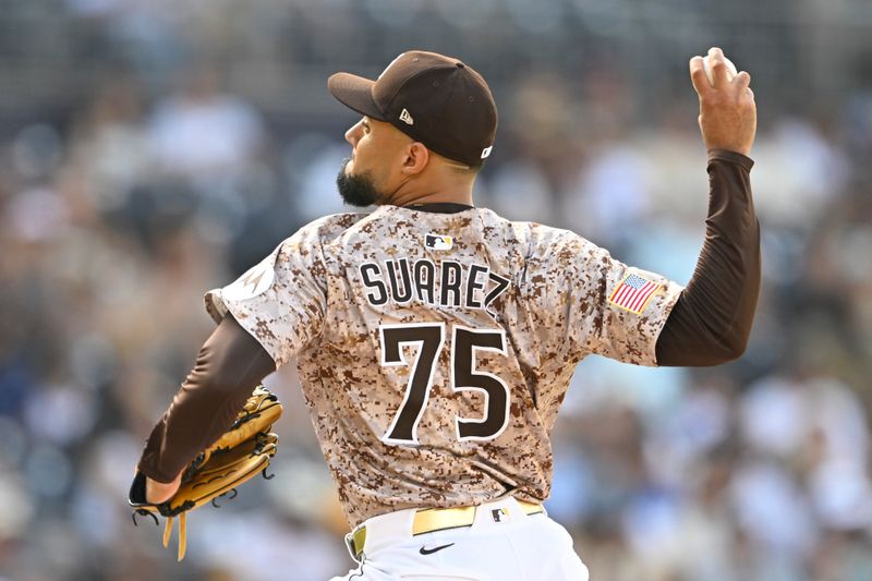 Sep 14, 2025; San Diego, California, USA; San Diego Padres relief pitcher Robert Suarez (75) delivers during the ninth inning against the Colorado Rockies at Petco Park. Mandatory Credit: Denis Poroy-Imagn Images