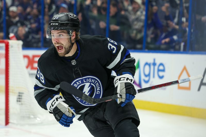 Feb 17, 2024; Tampa, Florida, USA;  Tampa Bay Lightning left wing Brandon Hagel (38) reacts after scoring a goal against the Florida Panthers in the first period at Amalie Arena. Mandatory Credit: Nathan Ray Seebeck-USA TODAY Sports