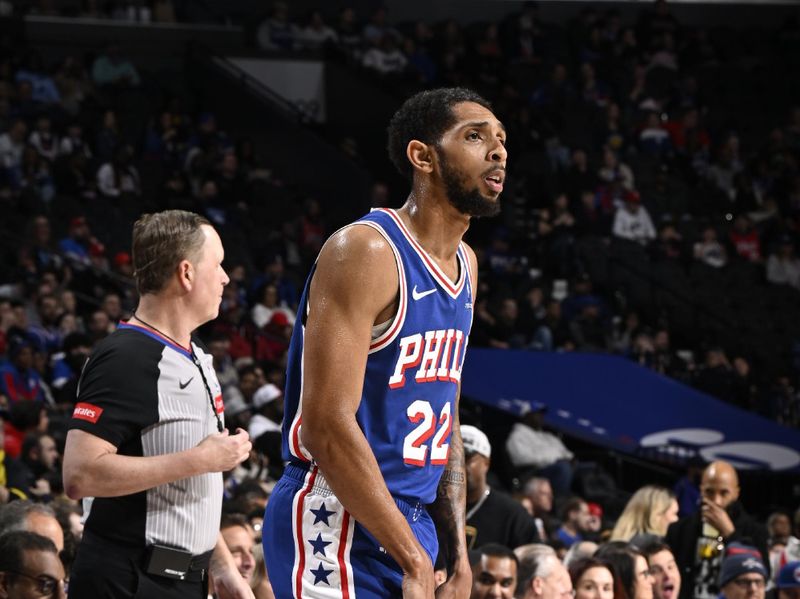 PHILADELPHIA, PA - MARCH 6:  Cameron Payne #22 of the Philadelphia 76ers looks on during the game against the Memphis Grizzlies on March 6, 2024 at the Wells Fargo Center in Philadelphia, Pennsylvania NOTE TO USER: User expressly acknowledges and agrees that, by downloading and/or using this Photograph, user is consenting to the terms and conditions of the Getty Images License Agreement. Mandatory Copyright Notice: Copyright 2024 NBAE (Photo by David Dow/NBAE via Getty Images)