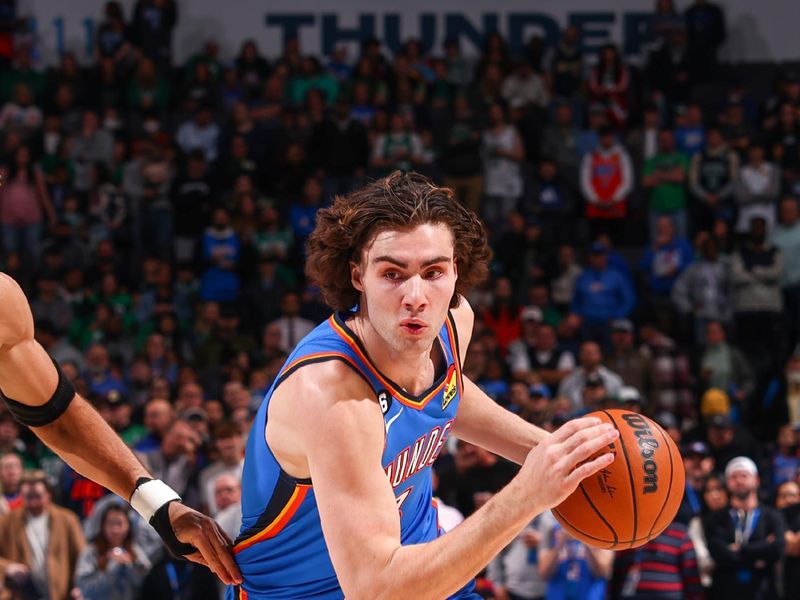 OKLAHOMA CITY, OK - JANUARY 3:  Josh Giddey #3 of the Oklahoma City Thunder drives to the basket during the game against the Boston Celtics on January 3, 2023 at Paycom Arena in Oklahoma City, Oklahoma. NOTE TO USER: User expressly acknowledges and agrees that, by downloading and or using this photograph, User is consenting to the terms and conditions of the Getty Images License Agreement. Mandatory Copyright Notice: Copyright 2023 NBAE (Photo by Zach Beeker/NBAE via Getty Images)