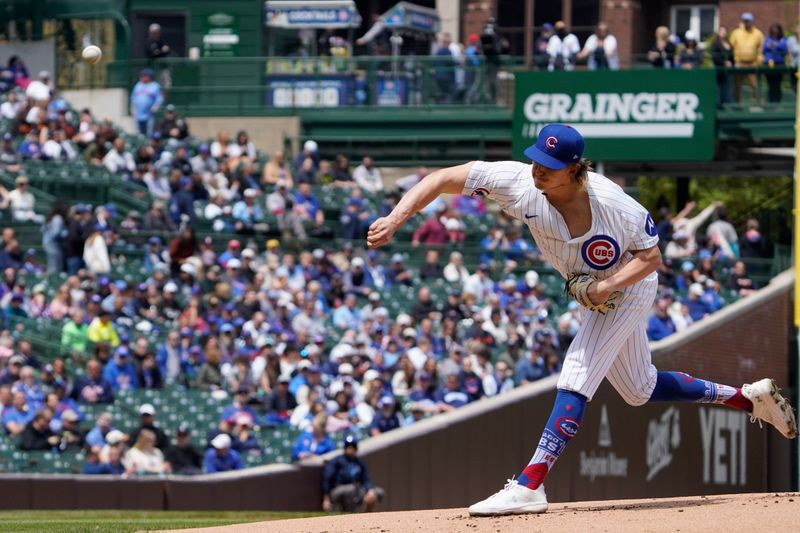 May 7, 2025; Chicago, Illinois, USA; Chicago Cubs pitcher Ben Brown (32) pitches against the San Francisco Giants during the first inning at Wrigley Field. Mandatory Credit: David Banks-Imagn Images