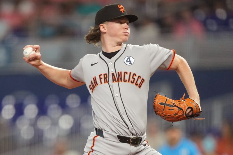 Jun 1, 2025; Miami, Florida, USA;  San Francisco Giants pitcher Hayden Birdsong (60) pitches against the Miami Marlins in the first inning at loanDepot Park. Mandatory Credit: Jim Rassol-Imagn Images
