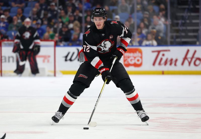 Feb 6, 2024; Buffalo, New York, USA;  Buffalo Sabres right wing Tage Thompson (72) skates up ice with the puck during the second period against the Dallas Stars at KeyBank Center. Mandatory Credit: Timothy T. Ludwig-USA TODAY Sports