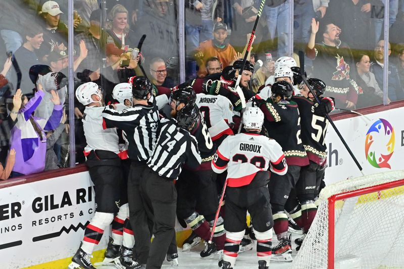 Dec 19, 2023; Tempe, Arizona, USA; The Arizona Coyotes and the Ottawa Senators scuffle after the end of the game at Mullett Arena. Mandatory Credit: Matt Kartozian-USA TODAY Sports