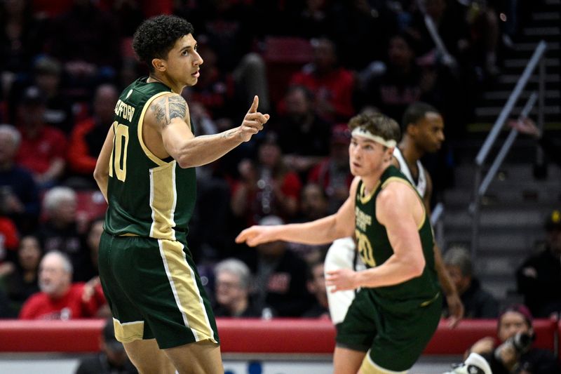 Feb 13, 2024; San Diego, California, USA; Colorado State Rams guard Nique Clifford (10) gestures after a basket against the San Diego State Aztecs during the first half at Viejas Arena. Mandatory Credit: Orlando Ramirez-USA TODAY Sports