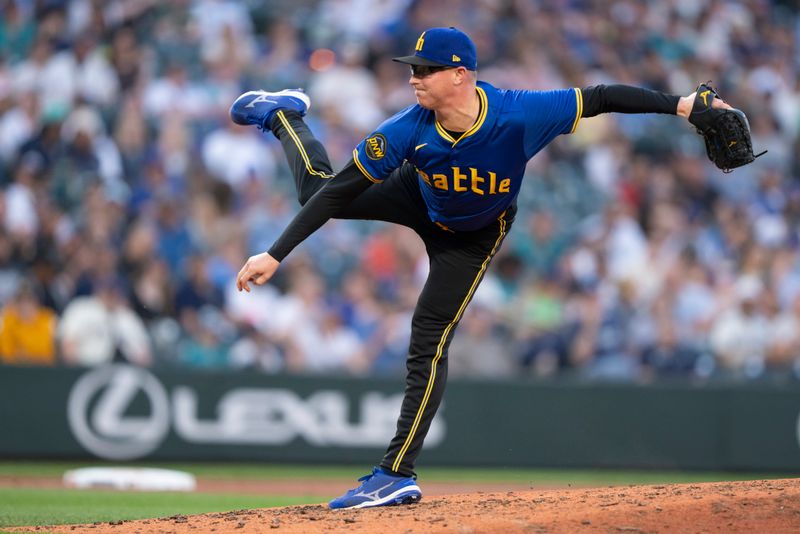 May 10, 2024; Seattle, Washington, USA; Seattle Mariners reliever Trent Thornton (46) delivers a pitch during the fifth inning against the Oakland Athletics at T-Mobile Park. Mandatory Credit: Stephen Brashear-USA TODAY Sports