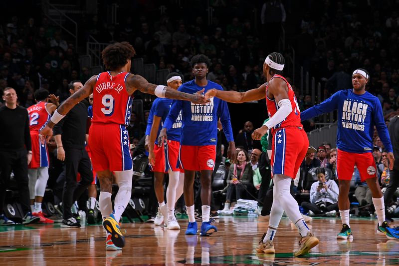 BOSTON, MA - FEBRUARY 27: Kelly Oubre Jr. #9 and Ricky Council IV #16 of the Philadelphia 76ers high five during the game against the Boston Celtics on February 27, 2024 at the TD Garden in Boston, Massachusetts. NOTE TO USER: User expressly acknowledges and agrees that, by downloading and or using this photograph, User is consenting to the terms and conditions of the Getty Images License Agreement. Mandatory Copyright Notice: Copyright 2024 NBAE  (Photo by Brian Babineau/NBAE via Getty Images)