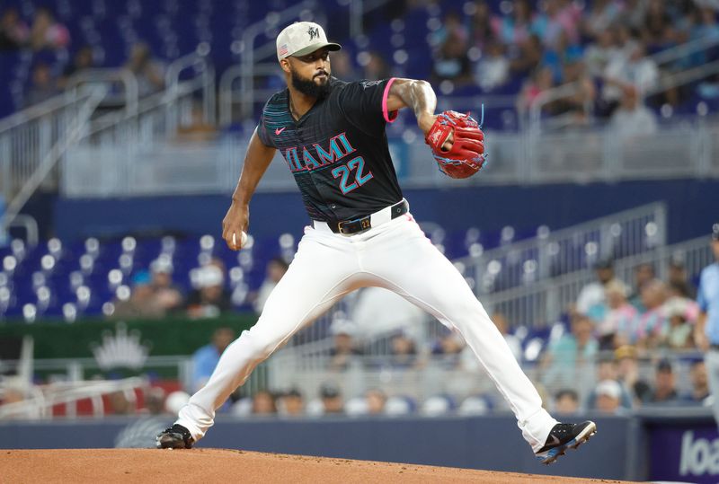 May 17, 2025; Miami, Florida, USA;  Miami Marlins starting pitcher Sandy Alcantara (22) pitches against the Tampa Bay Rays during the first inning at loanDepot Park. Mandatory Credit: Rhona Wise-Imagn Images