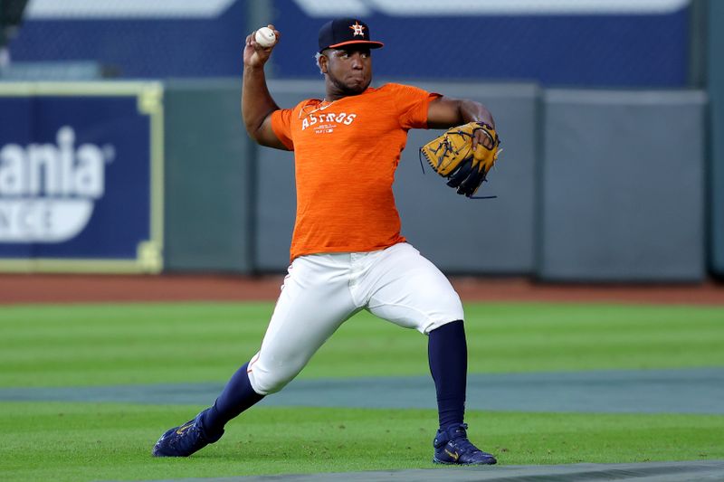 Jul 13, 2024; Houston, Texas, USA; Houston Astros starting pitcher Ronel Blanco (56) works out prior to the game against the Texas Rangers at Minute Maid Park. Mandatory Credit: Erik Williams-USA TODAY Sports