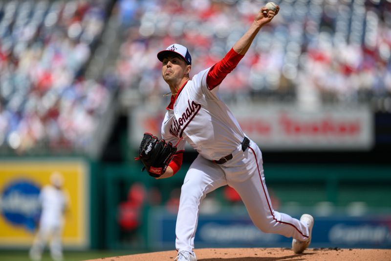 Apr 7, 2024; Washington, District of Columbia, USA; Washington Nationals pitcher MacKenzie Gore (1) throws a pitch during the first inning against the Philadelphia Phillies at Nationals Park. Mandatory Credit: Reggie Hildred-USA TODAY Sports