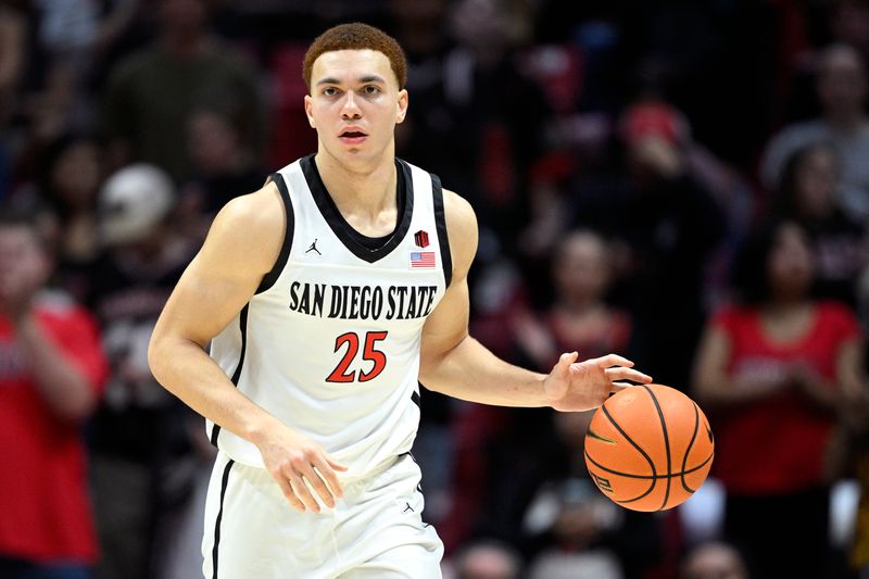 Nov 27, 2023; San Diego, California, USA; San Diego State Aztecs forward Elijah Saunders (25) dribbles the ball during the second half against the Point Loma Nazarene Sea Lions at Viejas Arena. Mandatory Credit: Orlando Ramirez-USA TODAY Sports