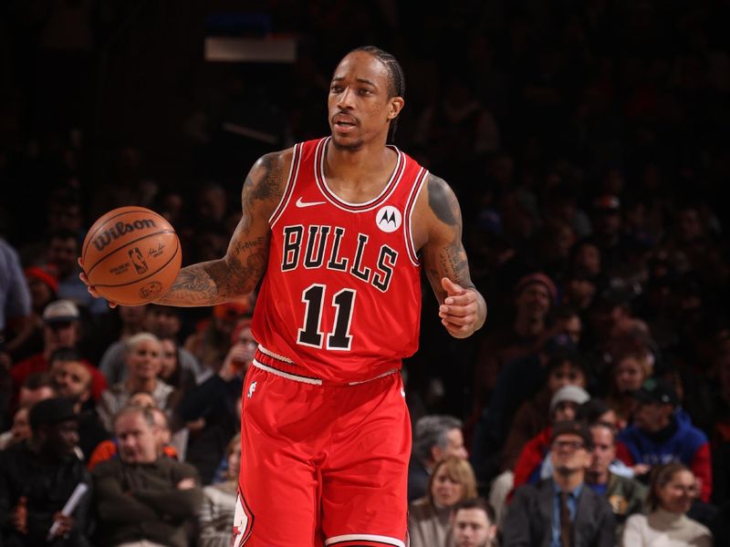 NEW YORK, NY - JANUARY 3: DeMar DeRozan #11 of the Chicago Bulls brings the ball up court against the New York Knicks on January 3, 2024 at Madison Square Garden in New York City, New York.  NOTE TO USER: User expressly acknowledges and agrees that, by downloading and or using this photograph, User is consenting to the terms and conditions of the Getty Images License Agreement. Mandatory Copyright Notice: Copyright 2024 NBAE  (Photo by Nathaniel S. Butler/NBAE via Getty Images)