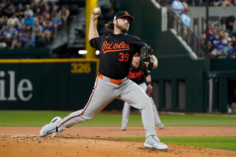 Jul 19, 2024; Arlington, Texas, USA; Baltimore Orioles pitcher Corbin Burnes (39) throws to the plate during the first inning against the Texas Rangers at Globe Life Field. Mandatory Credit: Raymond Carlin III-USA TODAY Sports