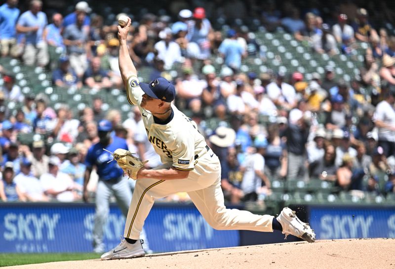 Jun 12, 2024; Milwaukee, Wisconsin, USA; Milwaukee Brewers starting pitcher Tobias Myers (36) delivers a pitch against the Toronto Blue Jays in the first inning at American Family Field. Mandatory Credit: Michael McLoone-USA TODAY Sports