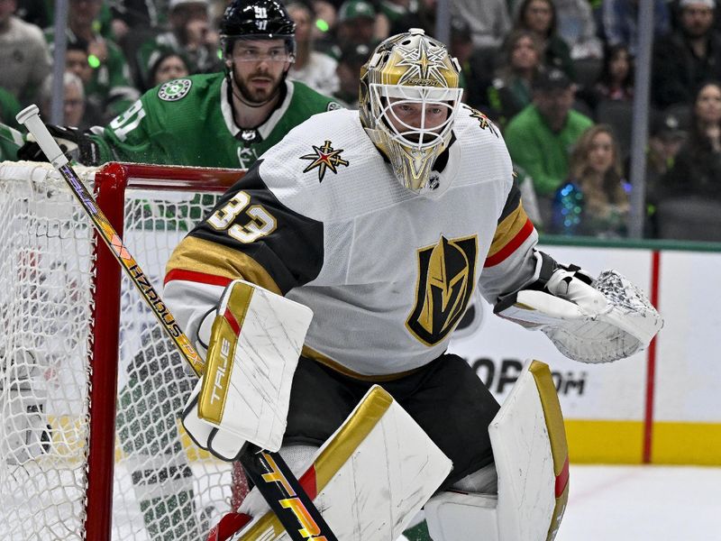 May 5, 2024; Dallas, Texas, USA; Vegas Golden Knights goaltender Adin Hill (33) faces the Dallas Stars attack during the second period in game seven of the first round of the 2024 Stanley Cup Playoffs at American Airlines Center. Mandatory Credit: Jerome Miron-USA TODAY Sports