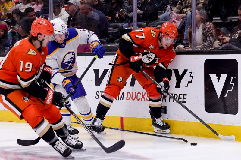 Nov 22, 2024; Anaheim, California, USA; Anaheim Ducks right wing Frank Vatrano (77) and right wing Troy Terry (19) vie for the puck against Buffalo Sabres defenseman Henri Jokiharju (10) during the second period at Honda Center. Mandatory Credit: Ryan Sun-Imagn Images