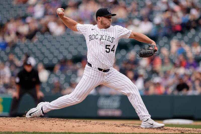 Apr 30, 2025; Denver, Colorado, USA; Colorado Rockies relief pitcher Seth Halvorsen (54) pitches in the eighth inning against the Atlanta Braves at Coors Field. Mandatory Credit: Isaiah J. Downing-Imagn Images