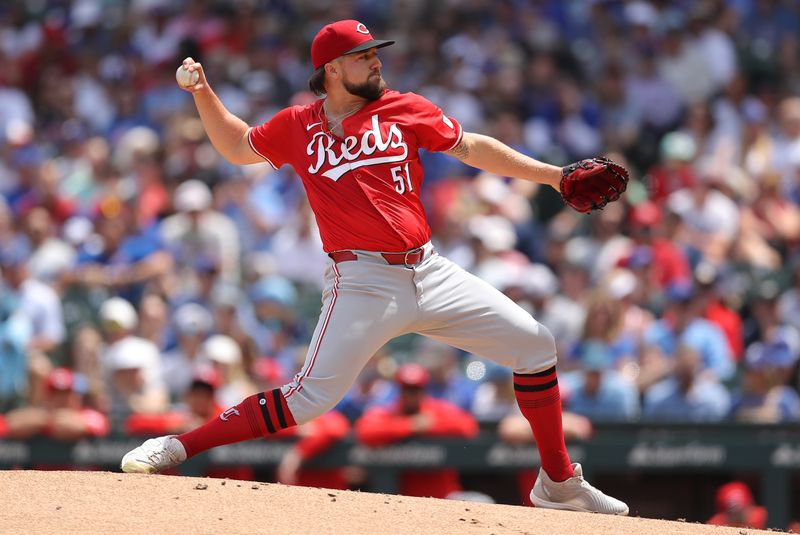 May 31, 2024; Chicago, Illinois, USA; Cincinnati Reds pitcher Graham Ashcraft (51) delivers a pitch during the first inning against the Chicago Cubs at Wrigley Field. Mandatory Credit: Melissa Tamez-USA TODAY Sports