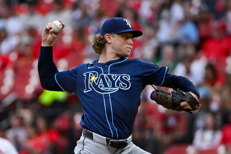 Aug 8, 2024; St. Louis, Missouri, USA;  Tampa Bay Rays starting pitcher Shane Baz (11) pitches against the St. Louis Cardinals during the first inning at Busch Stadium. Mandatory Credit: Jeff Curry-USA TODAY Sports