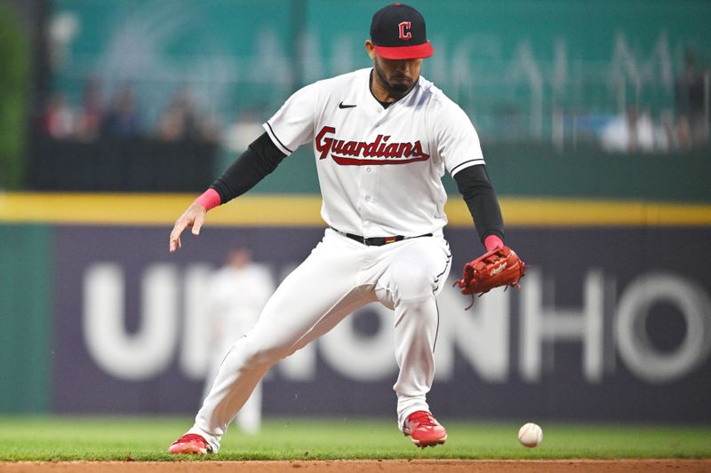 Jun 6, 2023; Cleveland, Ohio, USA; Cleveland Guardians shortstop Gabriel Arias (13) mishandles a ball hit by Boston Red Sox second baseman Pablo Reyes (not pictured) during the seventh inning at Progressive Field. Mandatory Credit: Ken Blaze-USA TODAY Sports