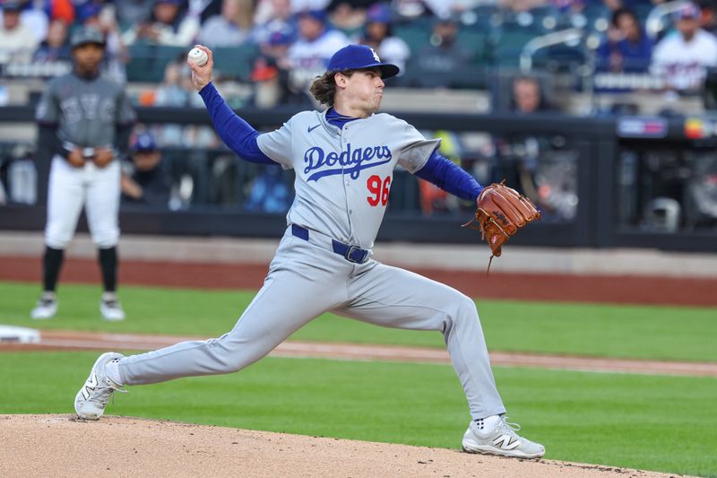 May 25, 2025; New York City, New York, USA; Los Angeles Dodgers starting pitcher Landon Knack (96) delivers a pitch during the first inning against the New York Mets at Citi Field. Mandatory Credit: Vincent Carchietta-Imagn Images