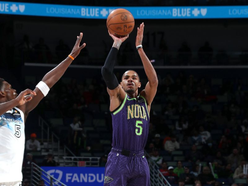 NEW ORLEANS, LA - JANUARY 7: Dejounte Murray #5 of the New Orleans Pelicans three point basket during the game against the Minnesota Timberwolves on January 7, 2025 at the Smoothie King Center in New Orleans, Louisiana. NOTE TO USER: User expressly acknowledges and agrees that, by downloading and or using this Photograph, user is consenting to the terms and conditions of the Getty Images License Agreement. Mandatory Copyright Notice: Copyright 2025 NBAE(Photo by Layne Murdoch Jr./NBAE via Getty Images)