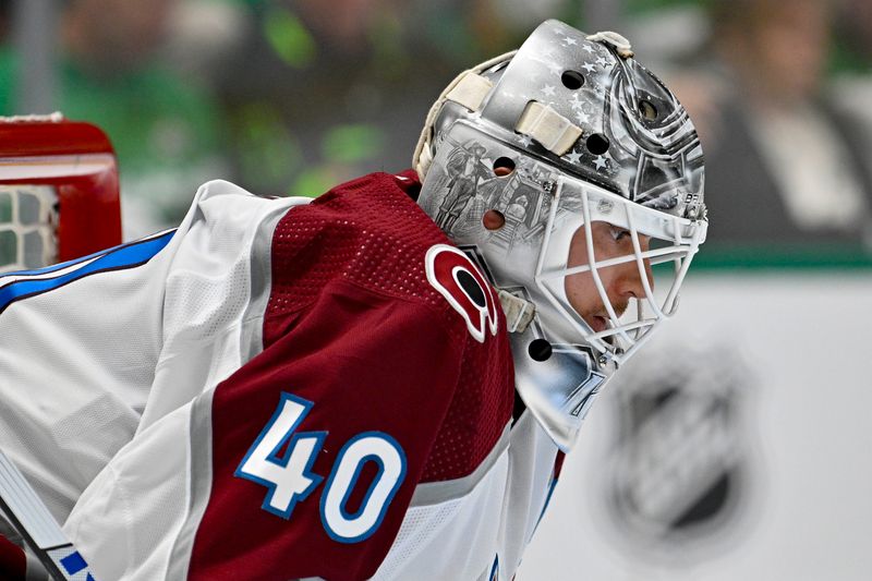 May 9, 2024; Dallas, Texas, USA; Colorado Avalanche goaltender Alexandar Georgiev (40) faces the Dallas Stars attack during the second period in game two of the second round of the 2024 Stanley Cup Playoffs at American Airlines Center. Mandatory Credit: Jerome Miron-USA TODAY Sports