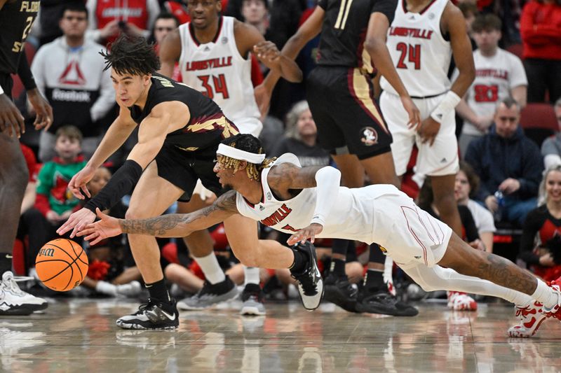 Feb 4, 2023; Louisville, Kentucky, USA;  Florida State Seminoles guard Jalen Warley (1) scrambles for a loose ball with Louisville Cardinals guard El Ellis (3) during the first half at KFC Yum! Center. Mandatory Credit: Jamie Rhodes-USA TODAY Sports