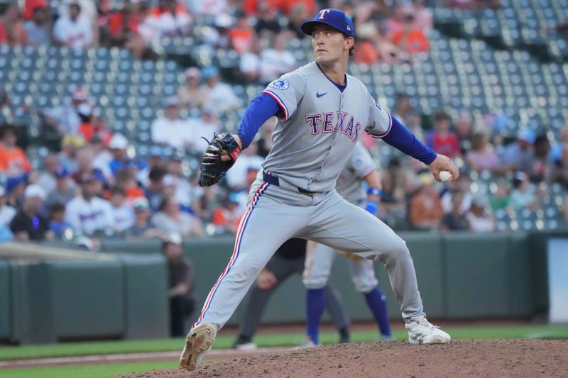 Jun 24, 2025; Baltimore, Maryland, USA; Texas Rangers pitcher Jacob Latz (67) delivers during the fourth inning against the Baltimore Orioles at Oriole Park at Camden Yards. Mandatory Credit: Mitch Stringer-Imagn Images