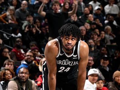 BROOKLYN, NY - DECEMBER 23: Cam Thomas #24 of the Brooklyn Nets looks on during the game against the Detroit Pistons on December 23, 2023 at Barclays Center in Brooklyn, New York. NOTE TO USER: User expressly acknowledges and agrees that, by downloading and or using this Photograph, user is consenting to the terms and conditions of the Getty Images License Agreement. Mandatory Copyright Notice: Copyright 2023 NBAE (Photo by David Dow/NBAE via Getty Images)