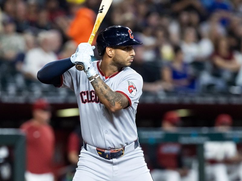 Aug 19, 2025; Phoenix, Arizona, USA; Cleveland Guardians infielder Brayan Rocchio against the Arizona Diamondbacks at Chase Field. Mandatory Credit: Mark J. Rebilas-Imagn Images