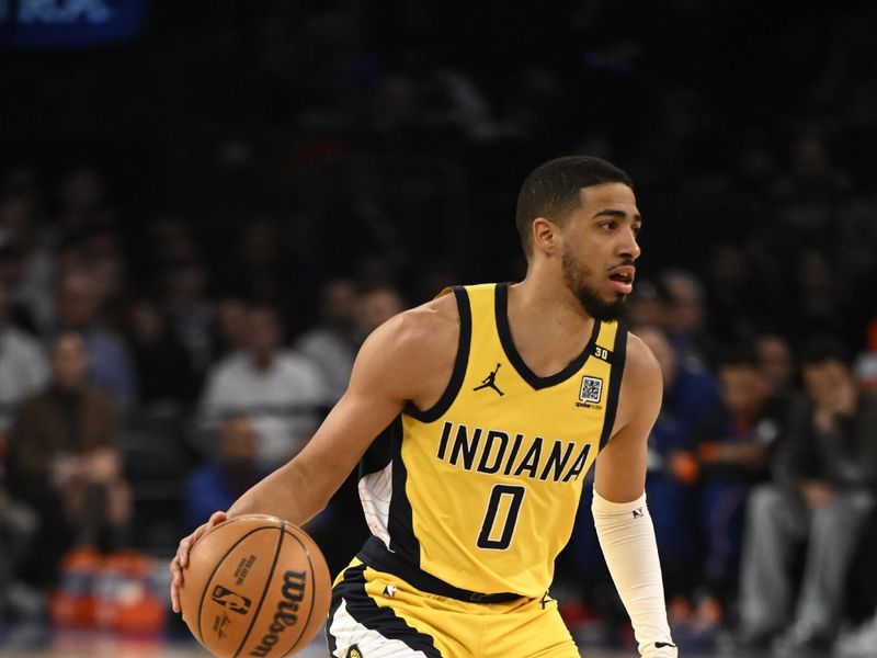 NEW YORK, NY - FEBRUARY 10: Tyrese Haliburton #0 of the Indiana Pacers dribbles the ball during the game against the New York Knicks on February 10, 2024 at Madison Square Garden in New York City, New York.  NOTE TO USER: User expressly acknowledges and agrees that, by downloading and or using this photograph, User is consenting to the terms and conditions of the Getty Images License Agreement. Mandatory Copyright Notice: Copyright 2024 NBAE  (Photo by David Dow/NBAE via Getty Images)