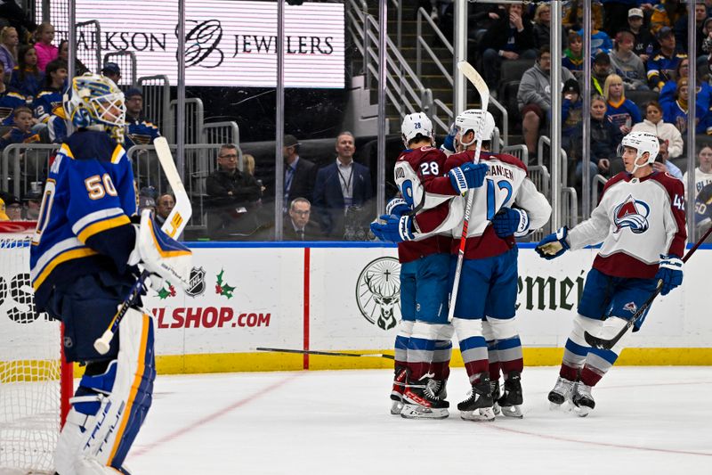 Dec 29, 2023; St. Louis, Missouri, USA;  Colorado Avalanche center Ryan Johansen (12) is congratulated by teammates after scoring against St. Louis Blues goaltender Jordan Binnington (50) during the first period at Enterprise Center. Mandatory Credit: Jeff Curry-USA TODAY Sports