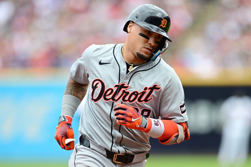 Jul 25, 2024; Cleveland, Ohio, USA; Detroit Tigers shortstop Javier Baez (28) rounds the bases after hitting a home run during the second inning against the Cleveland Guardians at Progressive Field. Mandatory Credit: Ken Blaze-USA TODAY Sports